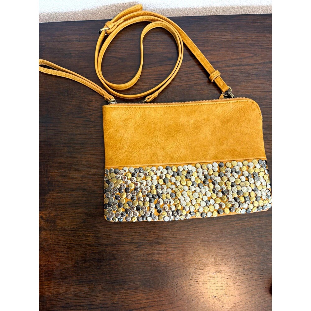 Antik Kraft Tan Crossbody Wristlet Bag Studded Mixed Metal Boho Adjustable Strap